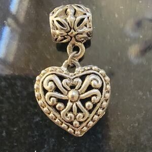 Vintage Charm Filigree Heart Pendant With Big Hole Bead Dangle Silver Tone Tag